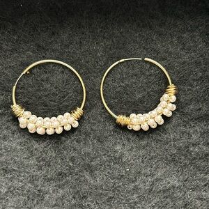 Gold Tone and Pearl Wrapped Hoop Earrings